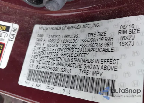 2016 Honda Cr-V Touring из США, поврежденный, VIN 5J6RM4H90GL092851